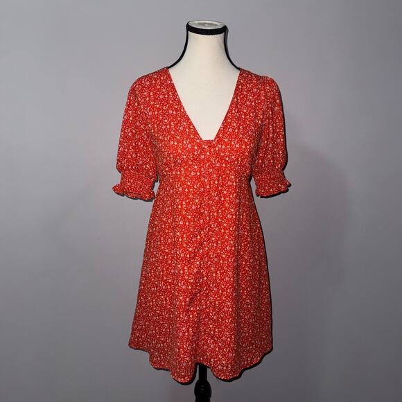 Sienna Sky Red Floral Mini Dress Puff Sleeve Tie Back Women’s XS - Picture 1 of 7